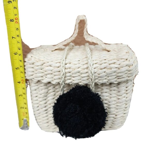 Surell Natural Straw Small Rectangle Basket Crossbody Handbag W/Black PomPom -EC - Picture 3 of 10